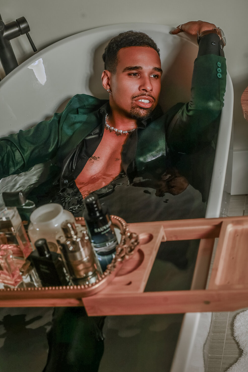 Submerged — bathtub editorial, green satin